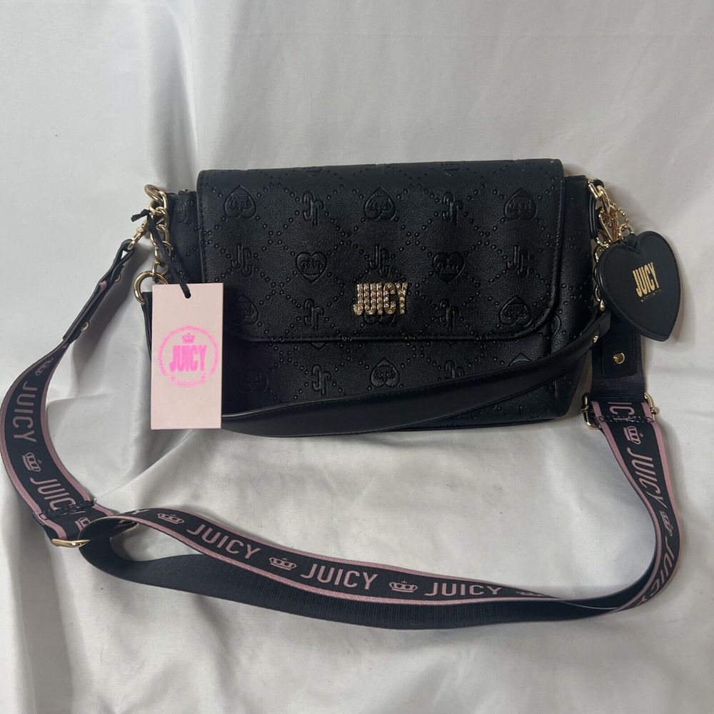Juicy Check Me Crossbody Liquorice Purse Bag Black Gold Pink Strap
